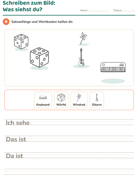 Vorschau: Schreiben zum Bild-Arbeitsblatt mit Spielzeug SW 2 für 2. Klasse