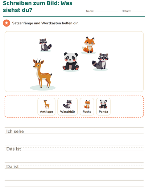 Vorschau: Schreiben zum Bild-Arbeitsblatt mit Tiere für 2. Klasse