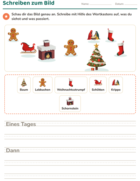Vorschau: Schreiben zum Bild-Arbeitsblatt mit Weihnachten für 2. Klasse