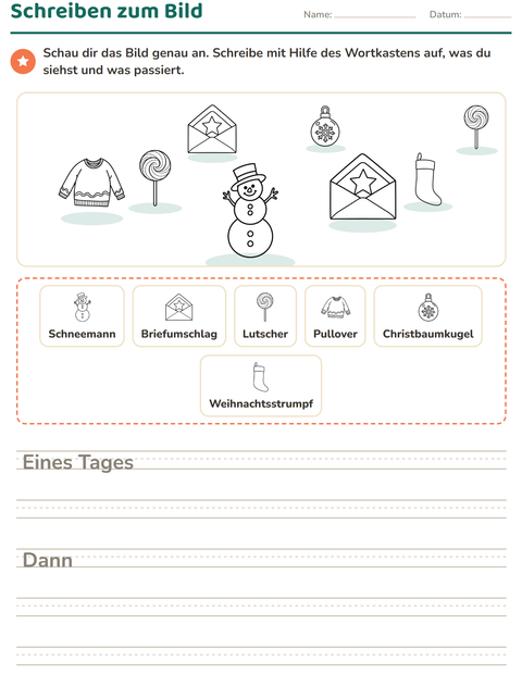 Vorschau: Schreiben zum Bild-Arbeitsblatt mit Weihnachten S/W für 2. Klasse