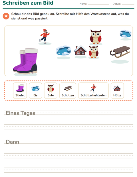 Vorschau: Schreiben zum Bild-Arbeitsblatt mit Winter für 2. Klasse
