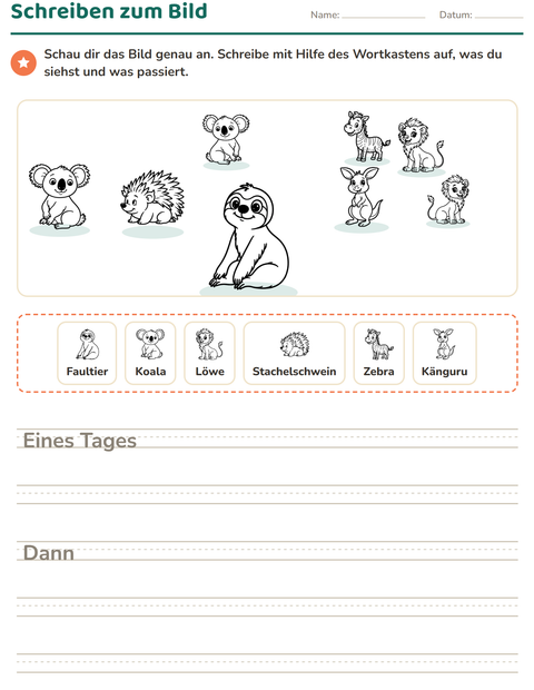 Vorschau: Schreiben zum Bild-Arbeitsblatt mit Zootiere SW für 2. Klasse