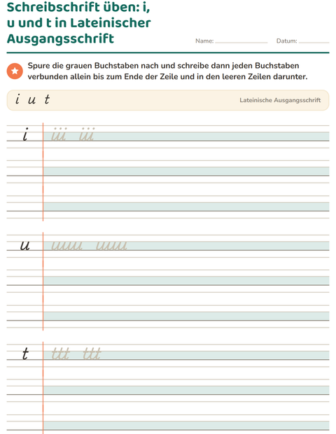 Schreibschrift üben: die Kleinbuchstaben i, u und t in der Lateinischen Ausgangsschrift