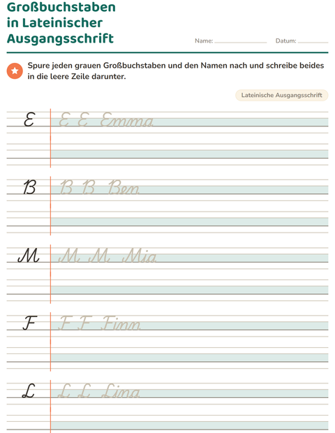 Großbuchstaben in der Lateinischen Ausgangsschrift: E, B, M, F und L mit Vornamen üben