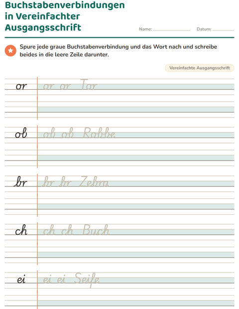 Buchstabenverbindungen in der Vereinfachten Ausgangsschrift: or, ob, br, ch und ei mit Wort