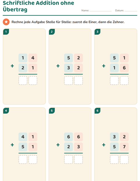 Schriftliche Addition ohne Übertrag – zweistellig plus zweistellig