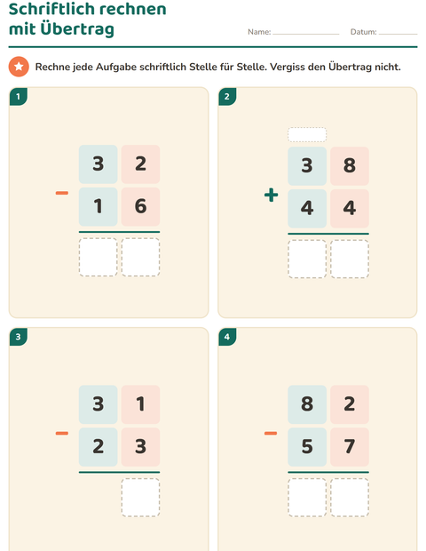 Vorschau: Schriftlich rechnen-Arbeitsblatt für 3. Klasse