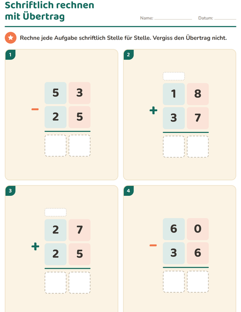 Vorschau: Schriftlich rechnen-Arbeitsblatt für 3. Klasse