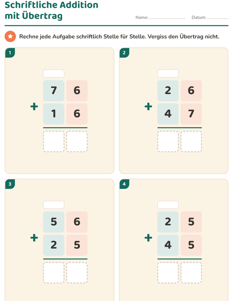 Vorschau: Schriftlich rechnen-Arbeitsblatt für 3. Klasse
