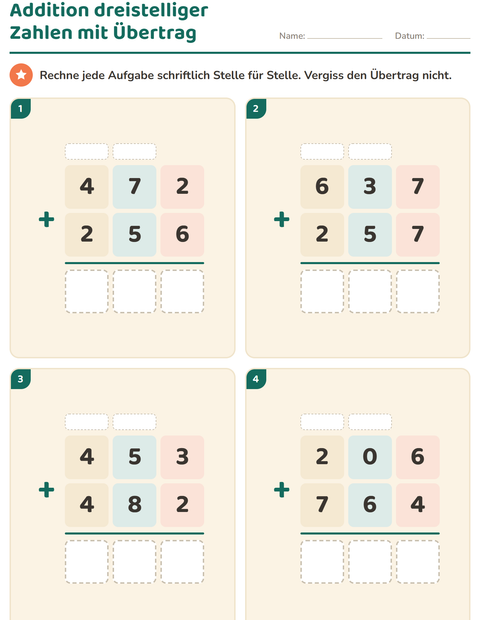 Vorschau: Schriftlich rechnen-Arbeitsblatt für 3. Klasse