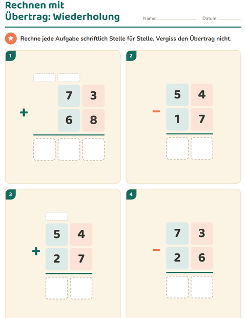 Vorschau: Schriftlich rechnen-Arbeitsblatt für 3. Klasse