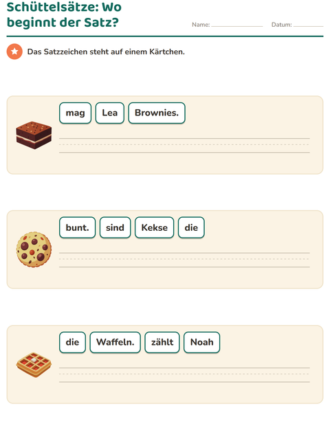 Vorschau: Schüttelsätze-Arbeitsblatt mit Desserts und Süßigkeiten für 1. Klasse