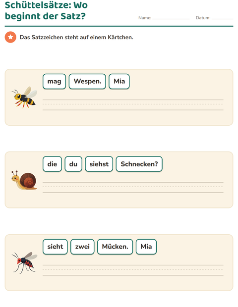 Vorschau: Schüttelsätze-Arbeitsblatt mit Insekten und Käfer für 1. Klasse