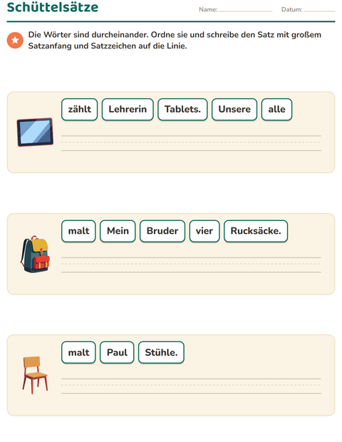 Vorschau: Schüttelsätze-Arbeitsblatt mit Klassenzimmer für 1. Klasse