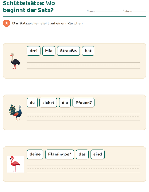 Vorschau: Schüttelsätze-Arbeitsblatt mit Vögel für 1. Klasse