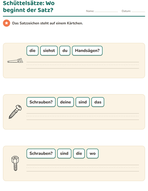 Vorschau: Schüttelsätze-Arbeitsblatt mit Werkzeuge SW für 1. Klasse