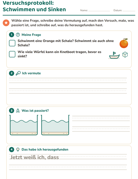 Vorschau: Versuchsprotokoll Schwimmen und Sinken: Frage, Vermutung, Beobachtung und Ergebnis