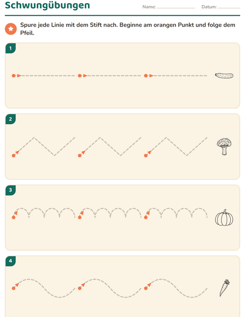 Vorschau: Schwungübungen-Arbeitsblatt mit Gemüse SW für Kindergarten