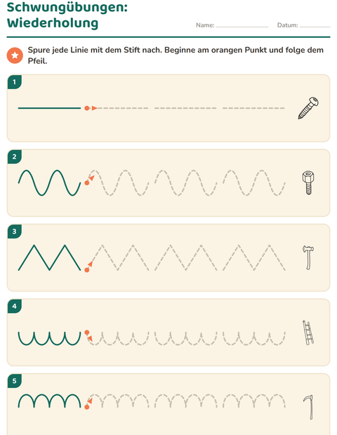 Vorschau: Schwungübungen-Arbeitsblatt mit Werkzeuge SW für Kindergarten