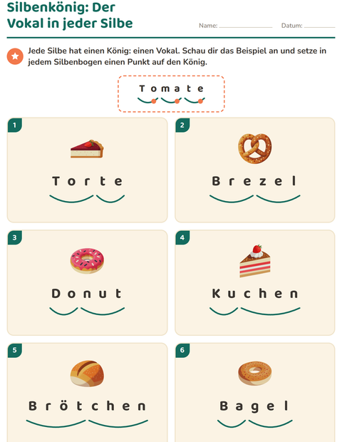 Vorschau: Silbenbögen-Arbeitsblatt mit Bäckerei für 1. Klasse