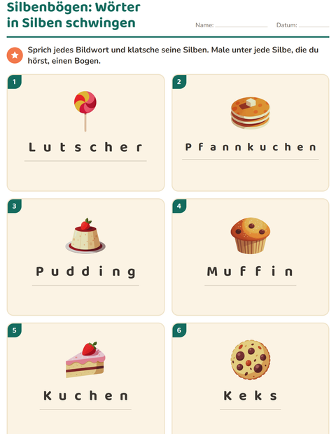 Vorschau: Silbenbögen-Arbeitsblatt mit Desserts und Süßigkeiten für 1. Klasse
