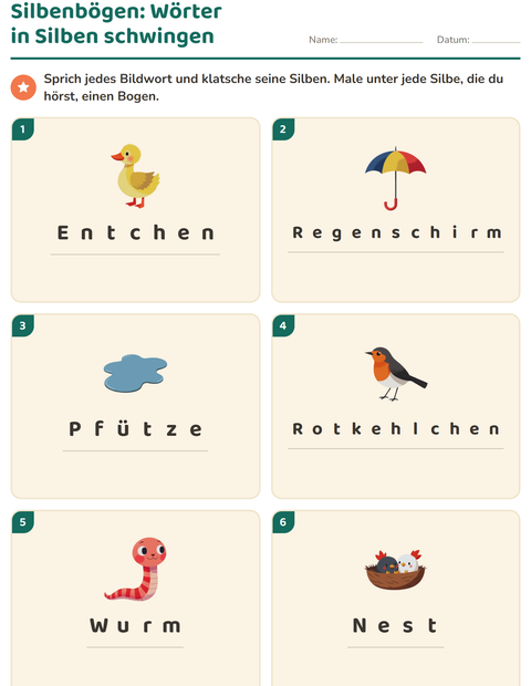 Vorschau: Silbenbögen-Arbeitsblatt mit Frühling für 1. Klasse