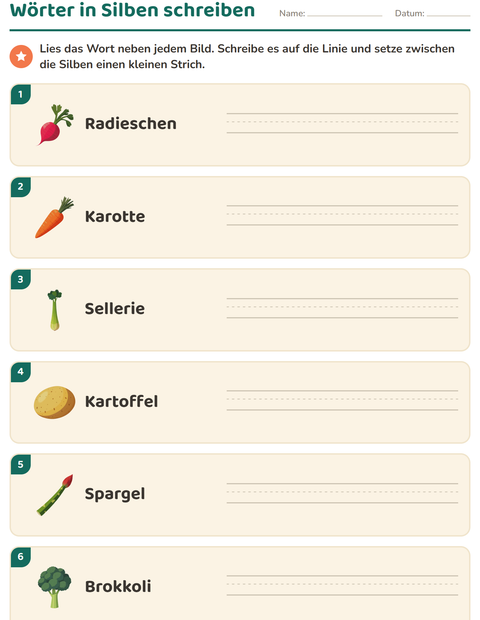 Vorschau: Silbenbögen-Arbeitsblatt mit Gemüse für 1. Klasse