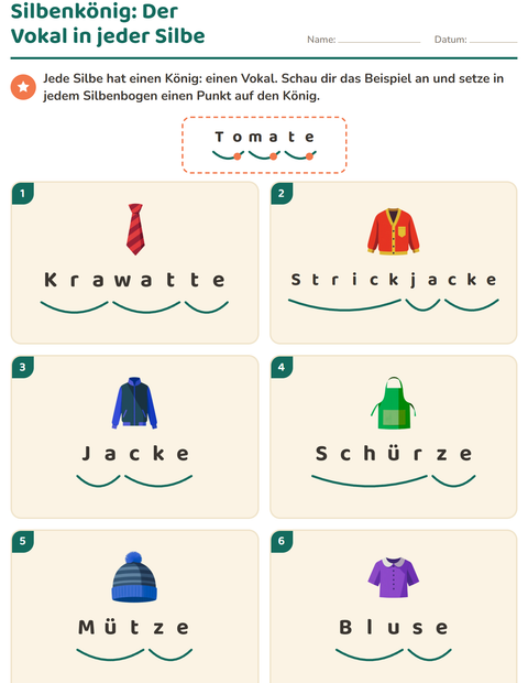 Vorschau: Silbenbögen-Arbeitsblatt mit Kleidung für 1. Klasse