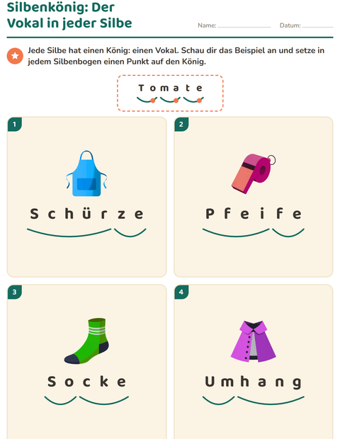 Vorschau: Silbenbögen-Arbeitsblatt mit Accessoires für 1. Klasse