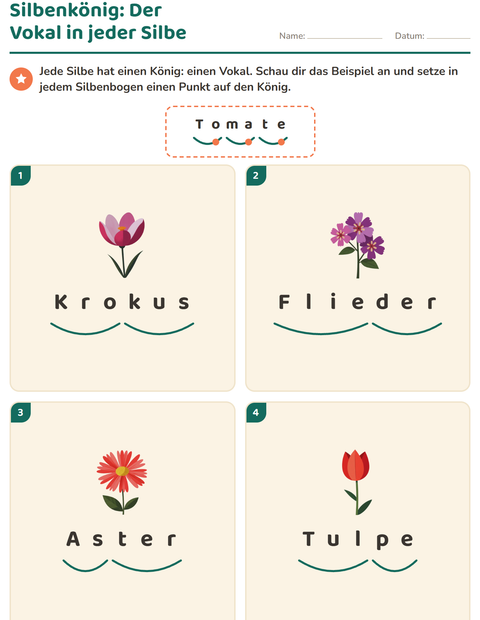 Vorschau: Silbenbögen-Arbeitsblatt mit Blumen für 1. Klasse