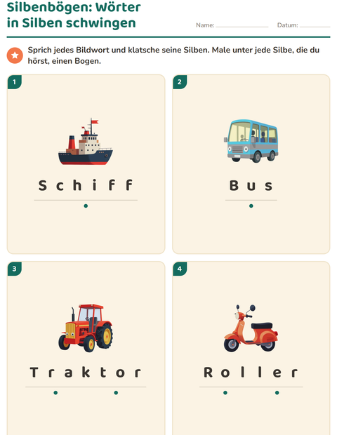 Vorschau: Silbenbögen-Arbeitsblatt mit Fahrzeuge für 1. Klasse