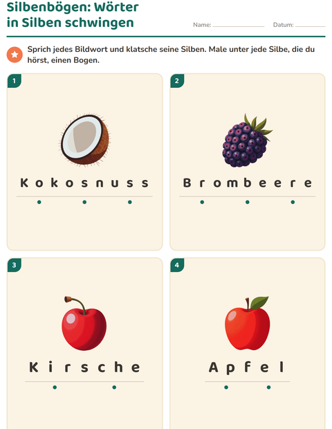 Vorschau: Silbenbögen-Arbeitsblatt mit Früchte für 1. Klasse