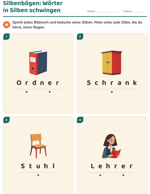 Vorschau: Silbenbögen-Arbeitsblatt mit Klassenzimmer für 1. Klasse