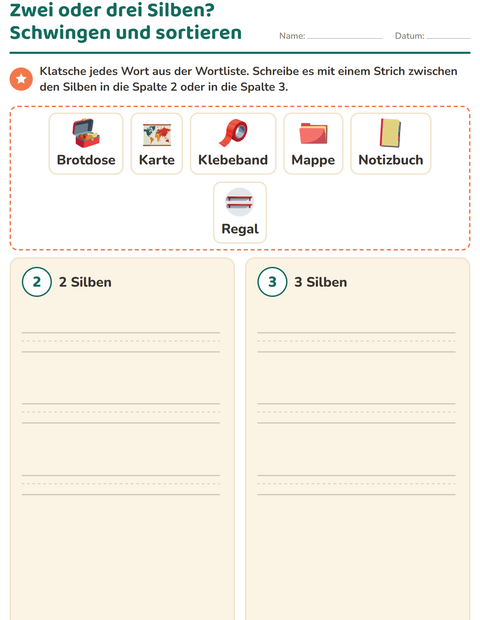 Vorschau: Silbenbögen-Arbeitsblatt mit Klassenzimmer für 1. Klasse