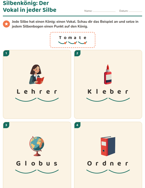 Vorschau: Silbenbögen-Arbeitsblatt mit Klassenzimmer für 1. Klasse