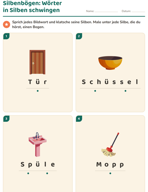 Vorschau: Silbenbögen-Arbeitsblatt mit Rund ums Haus für 1. Klasse