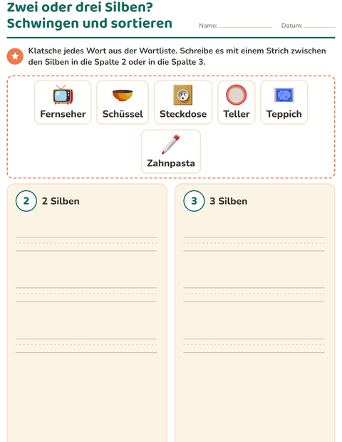 Vorschau: Silbenbögen-Arbeitsblatt mit Rund ums Haus für 1. Klasse