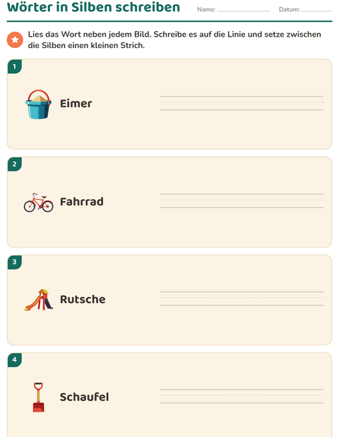 Vorschau: Silbenbögen-Arbeitsblatt mit Spielzeug für 1. Klasse