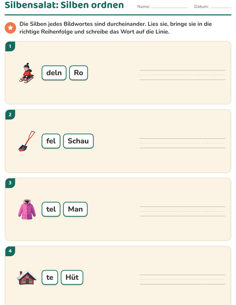 Vorschau: Silbenbögen-Arbeitsblatt mit Winter für 1. Klasse