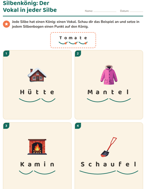 Vorschau: Silbenbögen-Arbeitsblatt mit Winter für 1. Klasse