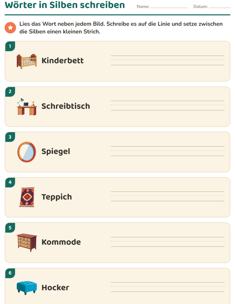 Vorschau: Silbenbögen-Arbeitsblatt mit Möbel für 1. Klasse