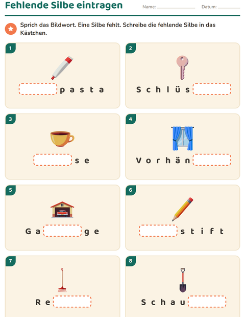 Fehlende Silbe eintragen: das Bild sprechen und den fehlenden Teil schreiben