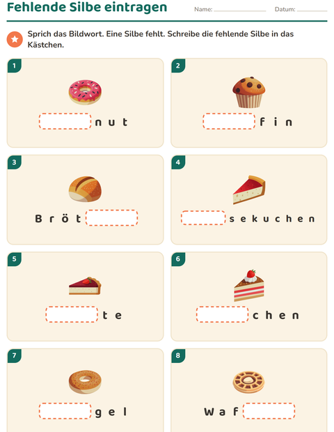 Vorschau: Silbenbögen-Arbeitsblatt mit Bäckerei für 1. Klasse