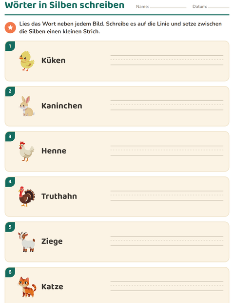 Vorschau: Silbenbögen-Arbeitsblatt mit Bauernhoftiere für 1. Klasse
