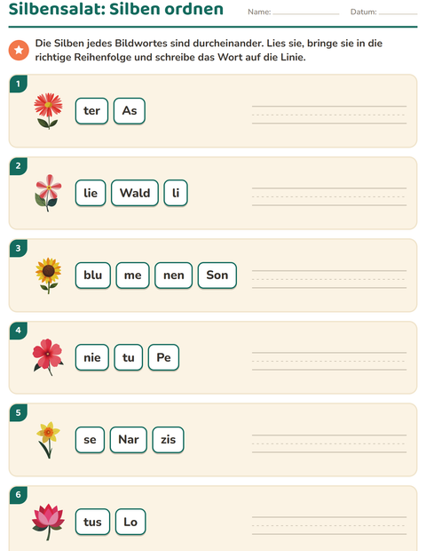 Vorschau: Silbenbögen-Arbeitsblatt mit Blumen für 1. Klasse