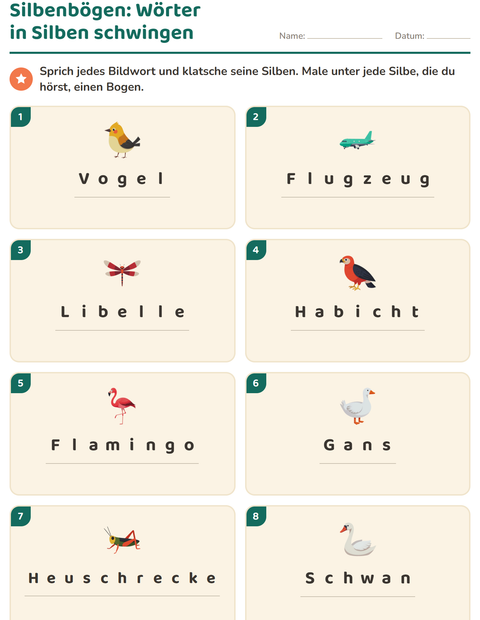 Vorschau: Silbenbögen-Arbeitsblatt mit Dinge die fliegen für 1. Klasse