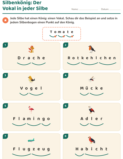 Vorschau: Silbenbögen-Arbeitsblatt mit Dinge die fliegen für 1. Klasse