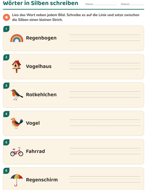 Vorschau: Silbenbögen-Arbeitsblatt mit Frühling für 1. Klasse