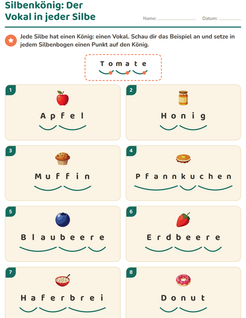 Vorschau: Silbenbögen-Arbeitsblatt mit Frühstück für 1. Klasse