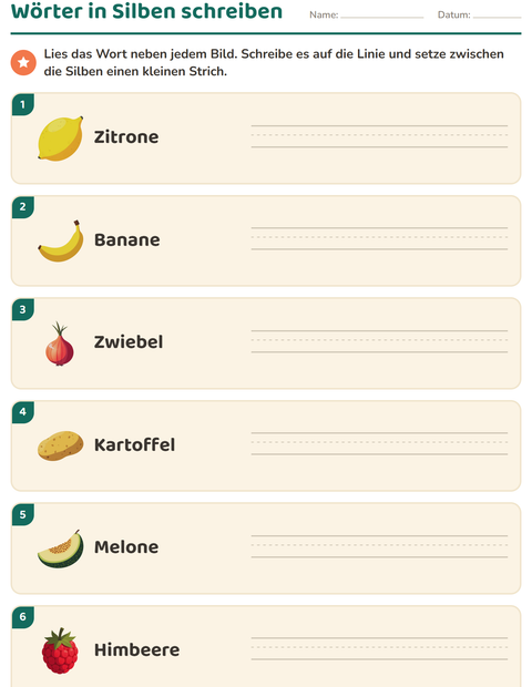 Vorschau: Silbenbögen-Arbeitsblatt mit Im Supermarkt für 1. Klasse